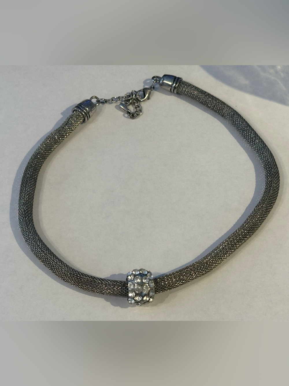 Rhinestone Accent Silver Mesh Choker Necklace